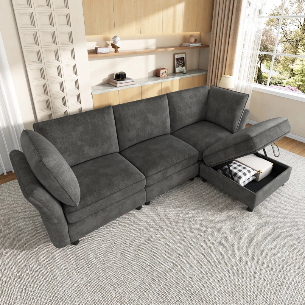 Divano modulare a L con pouf contenitore e cuscini in chenille grigio con braccioli ergonomici 4 5 posti