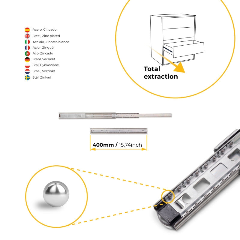 Set di guide a sfera per cassetti a estrazione totale, altezza 45 mm, lunghezza 450 mm, Acciaio, Zincato bianco