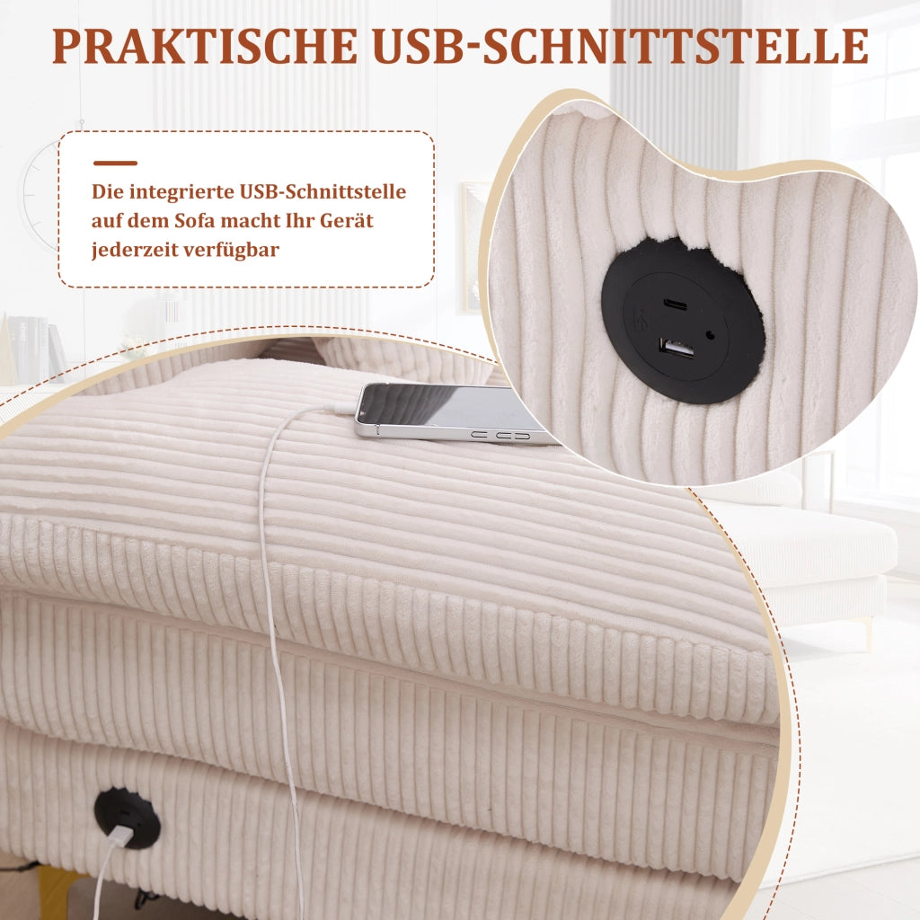 DIVANO U angolare 265x135x88 cm in velluto beige con LED e porta USB