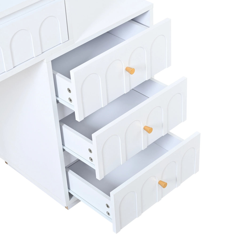 Tavolo Trucco con Specchio LED Girevole e Ante Scorrevoli in Vetro ¨C MINIMAL ¨C Bianco, 4 Cassetti, 112x40x116 cm