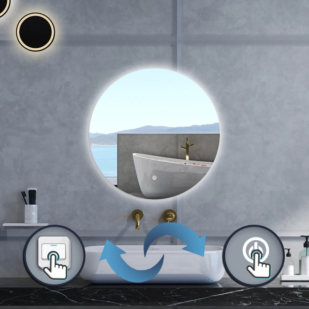 Specchio da bagno Rotondo con 60cm,Memoria, Antifog,Regorabile,Retroilluminato,doppio interruttore,