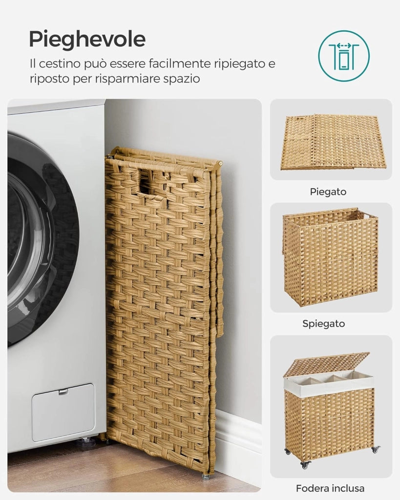 SONGMICS Cesto Portabiancheria con Coperchio, 140L, Cesta Biancheria in Rattan Sintetico con Ruote, 3 Scomparti, Sacco Rimovibile, Lavanderia Camera da Letto, 66 x 33 x 66 cm, Naturale LCB363N01