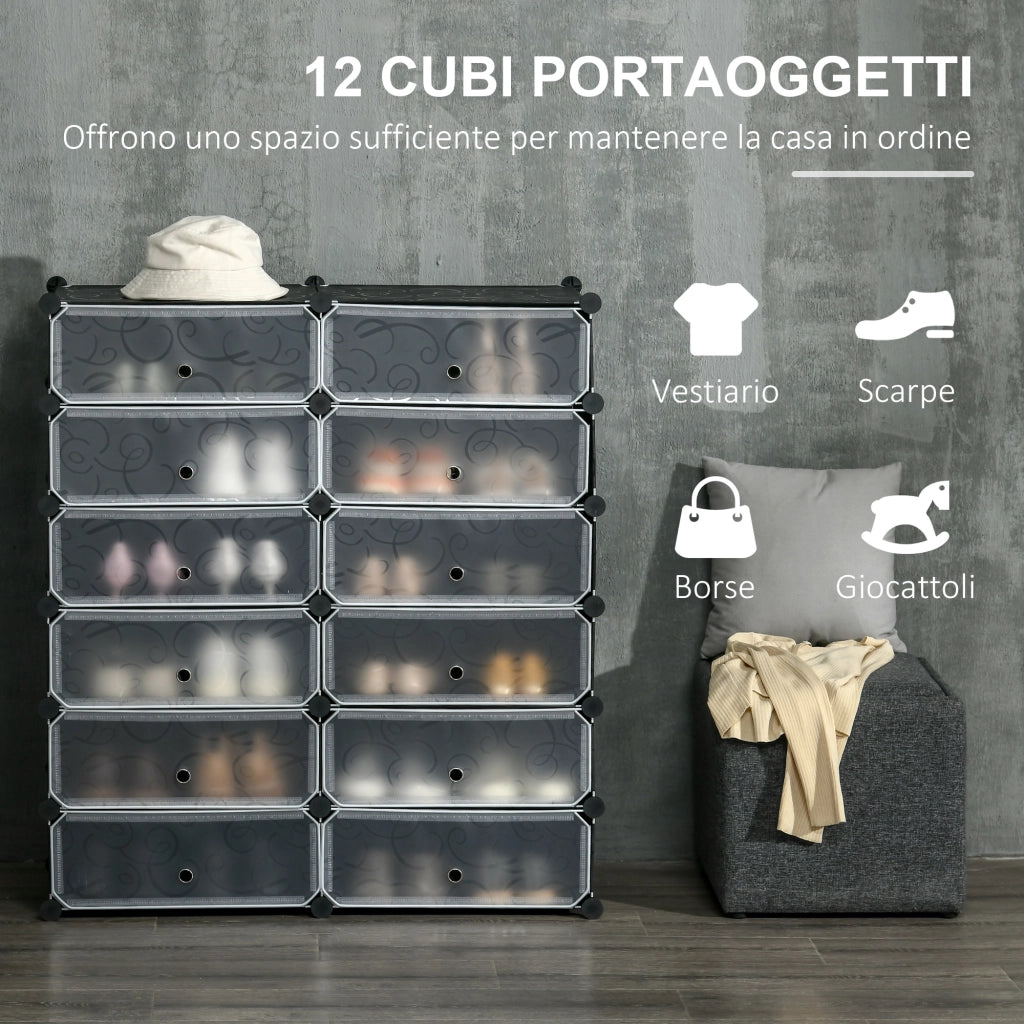 Scarpiera Modulare Salvaspazio 12 Cubi ¨C Zephmum ¨C Acciaio e PP Nero e Bianco 45x35x16 cm