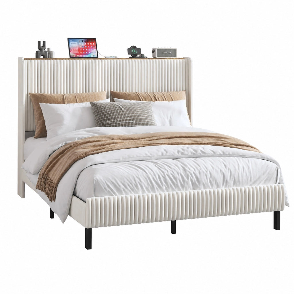 Letto imbottito 140x200 in tessuto effetto velluto con struttura in metallo