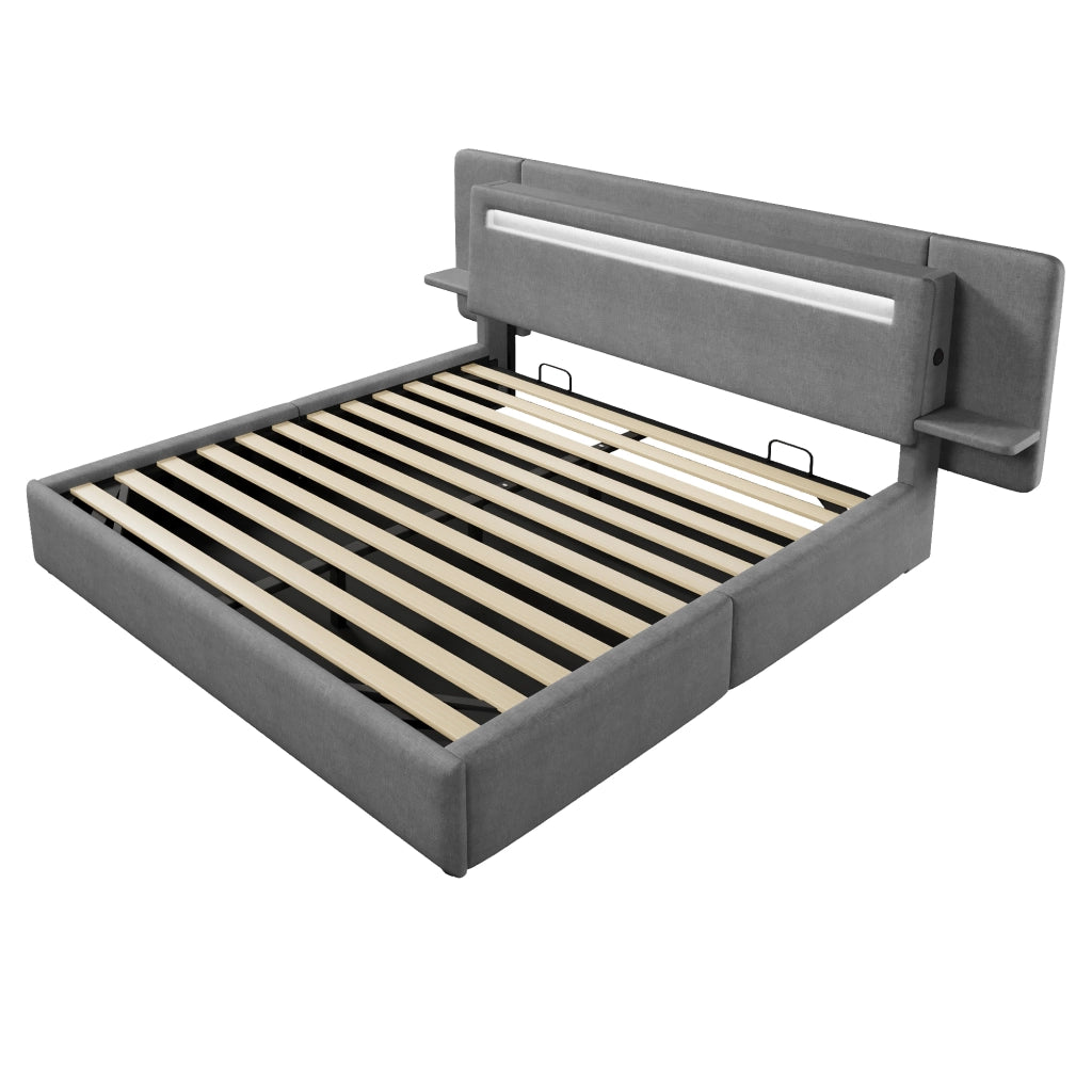 Letto imbottito 180x200 cm con contenitore ad alzata idraulica; LED multicolore e USB; grigio