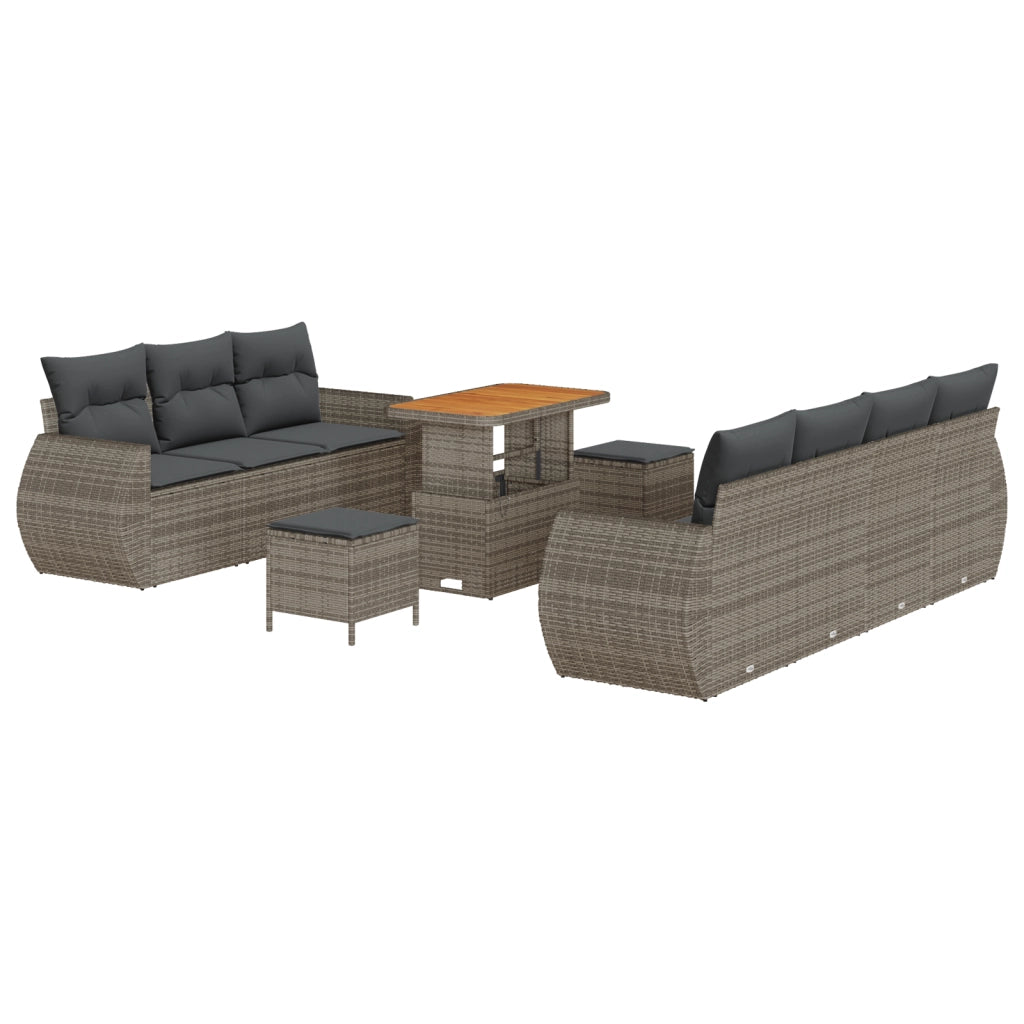 Set di Divani da Giardino  da 10 Pezzi con Cuscini Grigi in Rattan Poliestere e Acacia