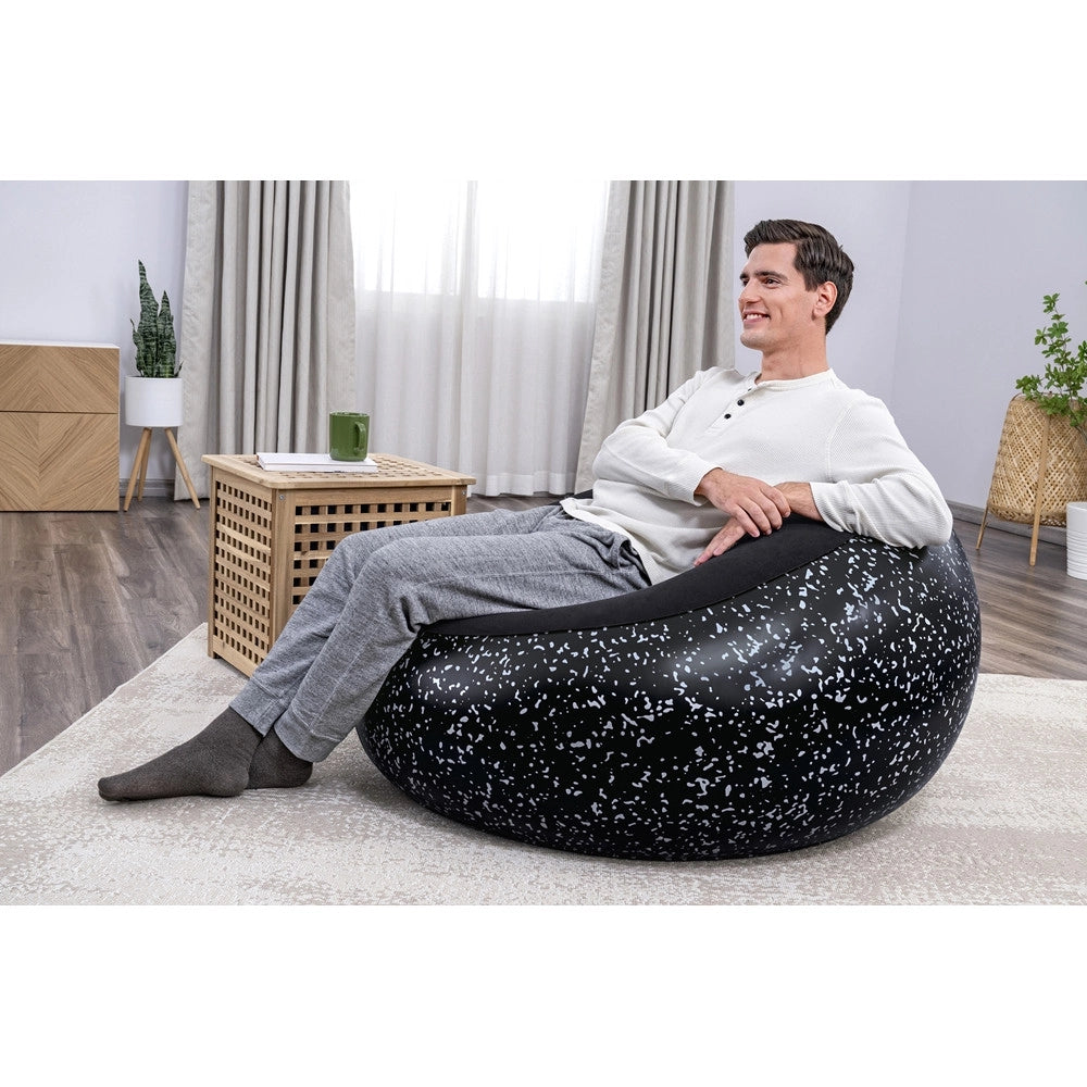 Trade Shop - Poltrona Pouf Gonfiabile 112x112x66cm Superficie Vellutata Design Macchiettato Casa Giardino - Nero