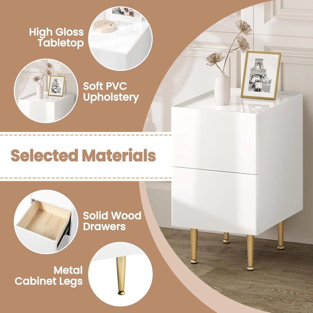 Comodino Camera da Letto, Tavolino da Notte con 2 Cassetti, Piano Lucido, Rivestimento in PVC, 40x30x51cm, Tavolino da Divano, MDF+PVC+Metallo, Bianco+Dorato, NTS10ws02