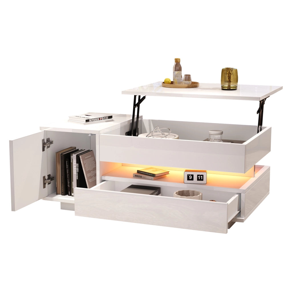 OKWISH Tavolino da Salotto Alzabile con 1 Cassetto e 1 Anta, LED e Vano Nascosto, per Soggiorno, 95 x 50 x 34.5 cm, Bianco