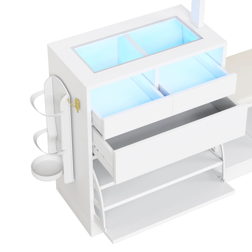 OKWISH Mobile da Ingresso con Vetrina, Panca Scarpiera, Specchio Girevole e LED, Pannello di Particelle, 163 x 50 x 161 cm, Bianco