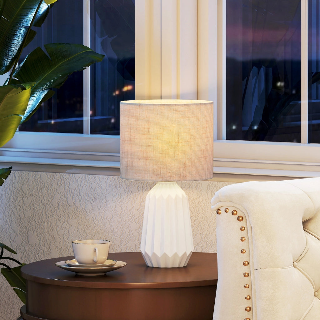 Lampada da Tavolo Retro in Ceramica e Lino ¨C zephmum ¨C 40W Bianco e Beige