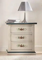Comodino in legno Shabby chic bianco anticato decorato con fiore filo blu