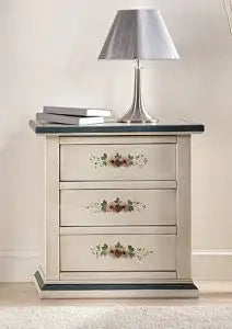 Comodino in legno Shabby chic bianco anticato decorato con fiore filo blu