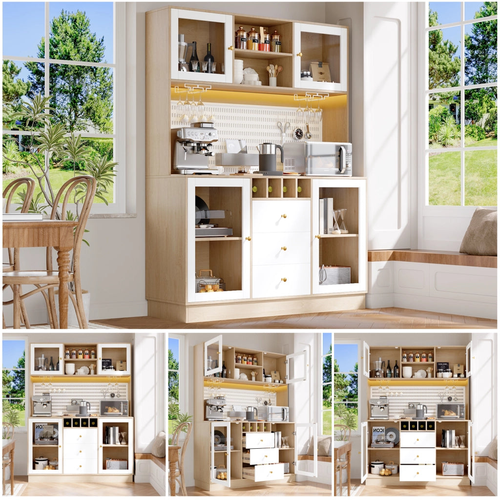 Colonna da cucina con LED, porta calici e ripiani regolabili, MDF e vetro, bianco 140 × 40 × 185,7 cm