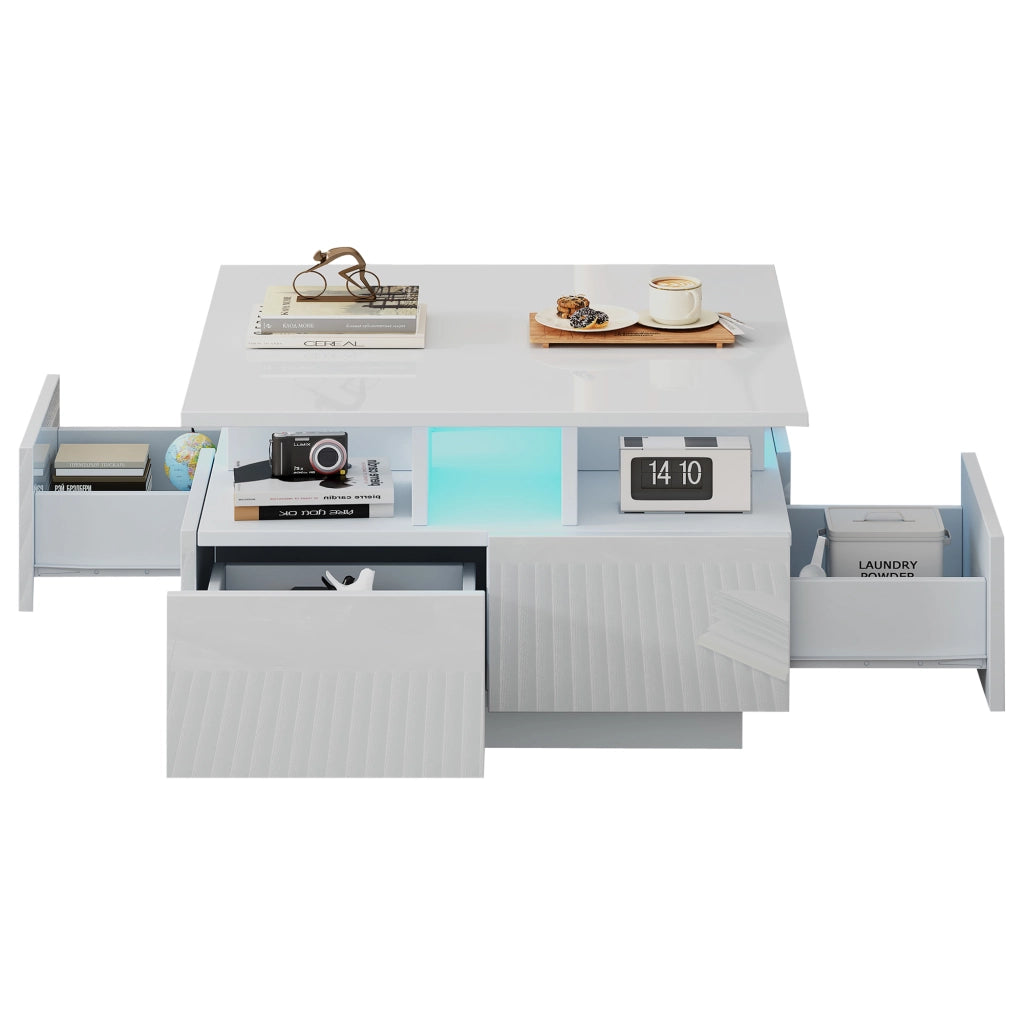 Tavolino da salotto 70x70x40 cm bianco lucido con 4 cassetti, LED controllato da app e struttura a 3 livelli