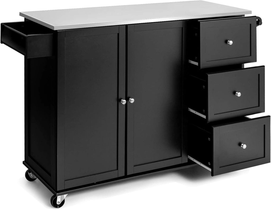 Isola da cucina mobile con piano di lavoro in acciaio inox, carrello da cucina con 3 cassetti e portasciugamani e ripiano regolabile, mobile da cucina su ruote, carrello da cucina 135 x 45,5
