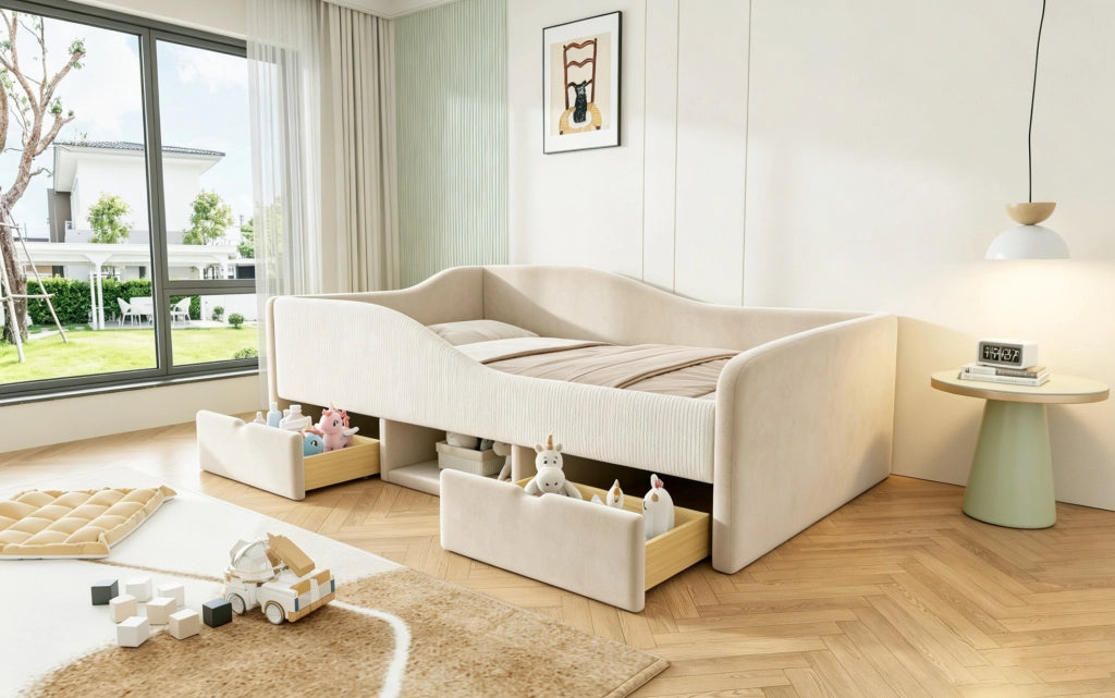 Letto per bambini 90x190 cm con 2 cassetti e sponde in velluto beige