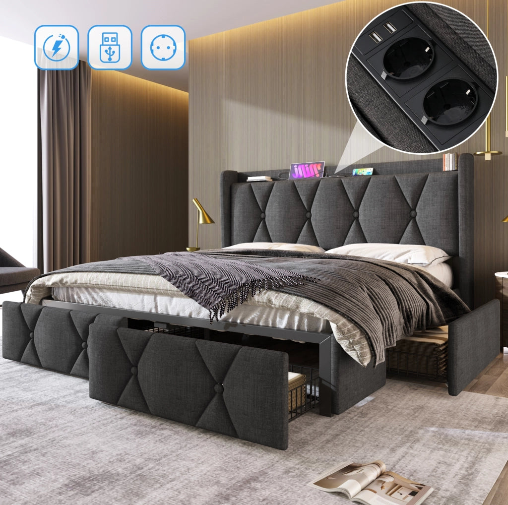 Letto matrimoniale 140x200 cm grigio in lino con USB, 4 cassetti e vano contenitore