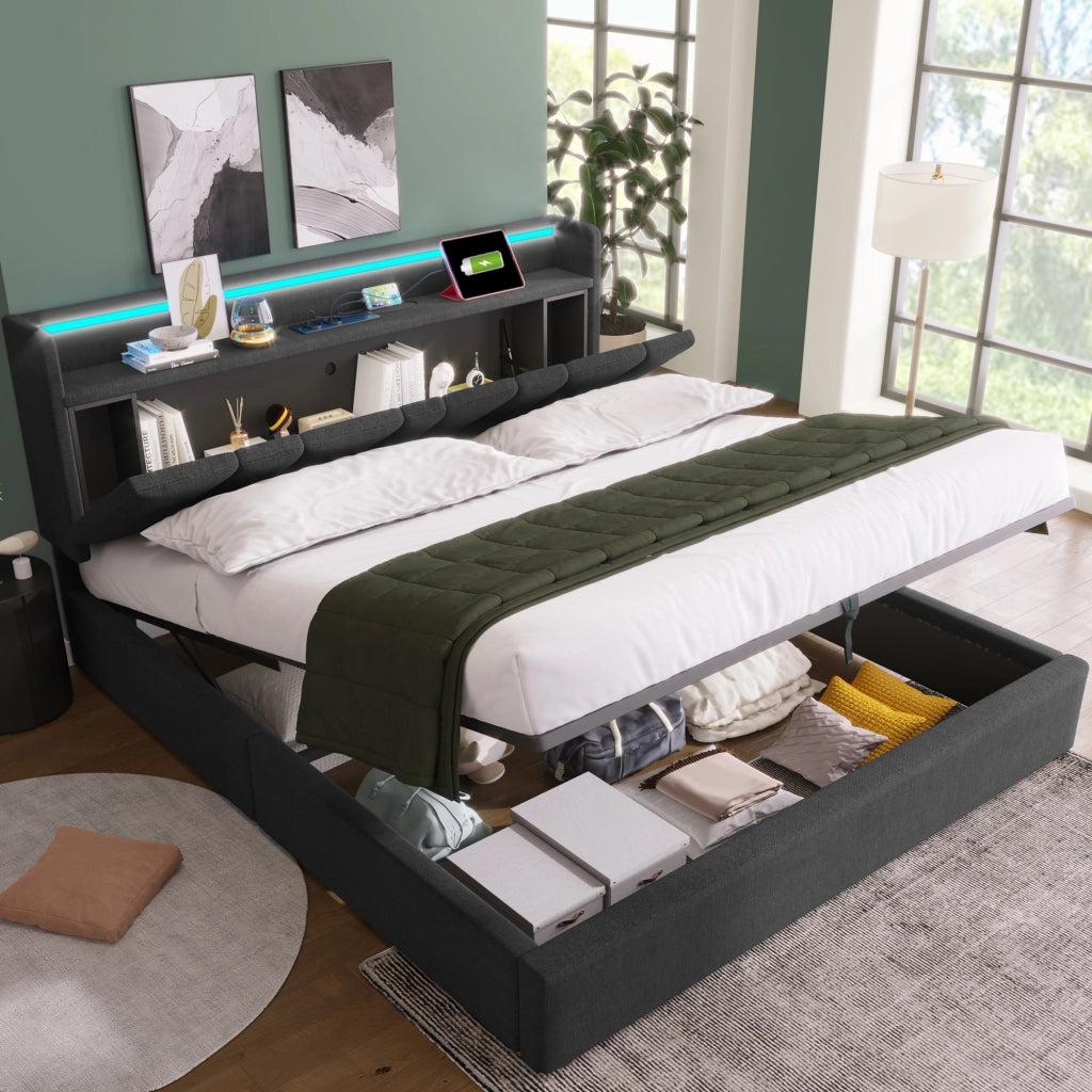 Letto imbottito con USB LED 140x190 cm lino grigio