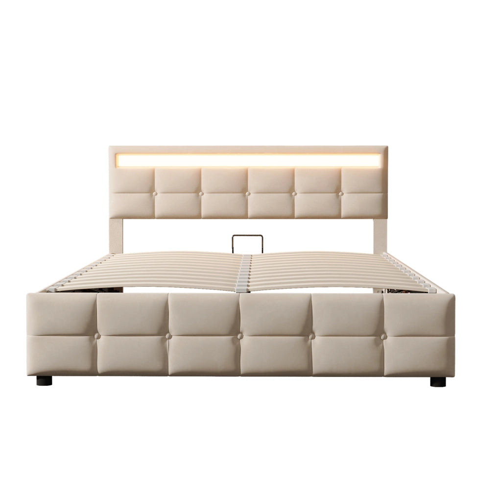 Letto imbottito 180x200 cm con LED; contenitore idraulico e rete a doghe; beige