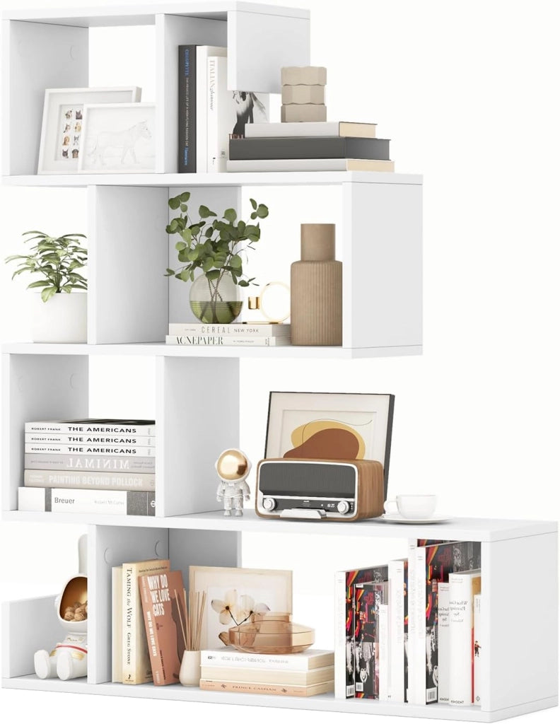 Libreria a Forma di S a 4 Ripiani, Scaffale Aperto Portaoggetti in Legno, Scaffale Verticale Separatore Multifunzionale, per Camera da Letto, Studio, Soggiorno, 80 x 22 x 100 cm (Bianco)