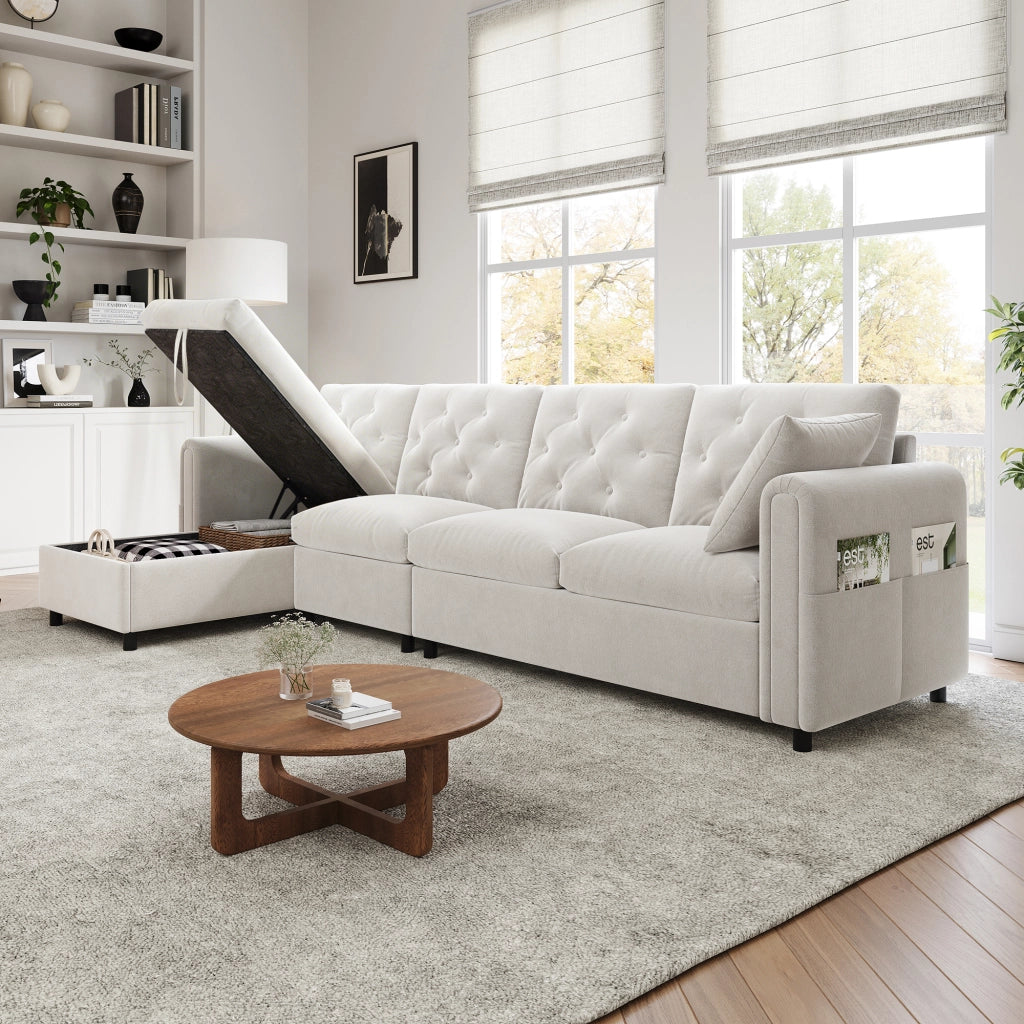 Divano Angolare in Velluto con Contenitore e Braccioli ¨C MINIMAL ¨C Beige, 281x86x71 cm