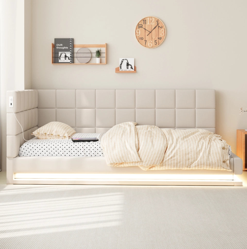 Divano letto 90x200 con LED; porta USB; rete a doghe; lino beige