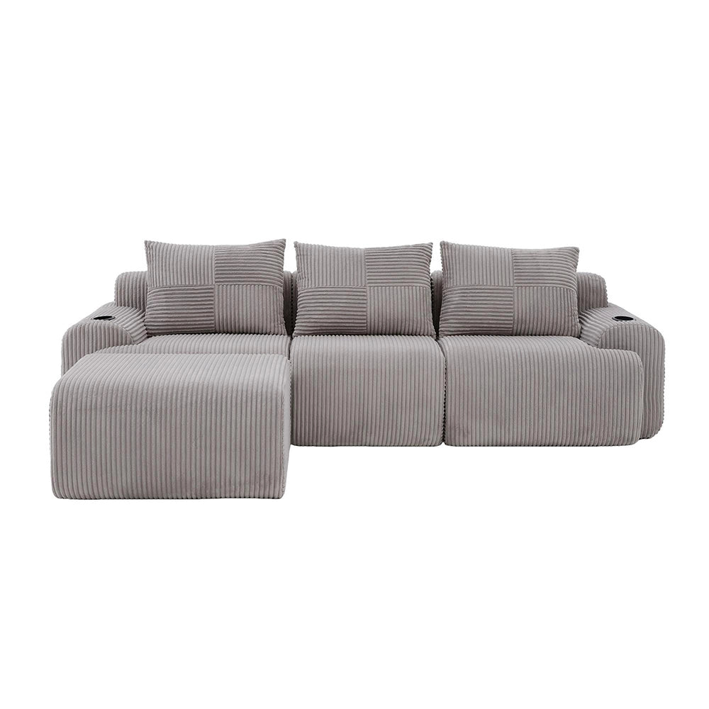 Canap¨¦ modulabile in velluto costato 3 posti - Xylo - Grigio chiaro con porta-bevande e tasche laterali