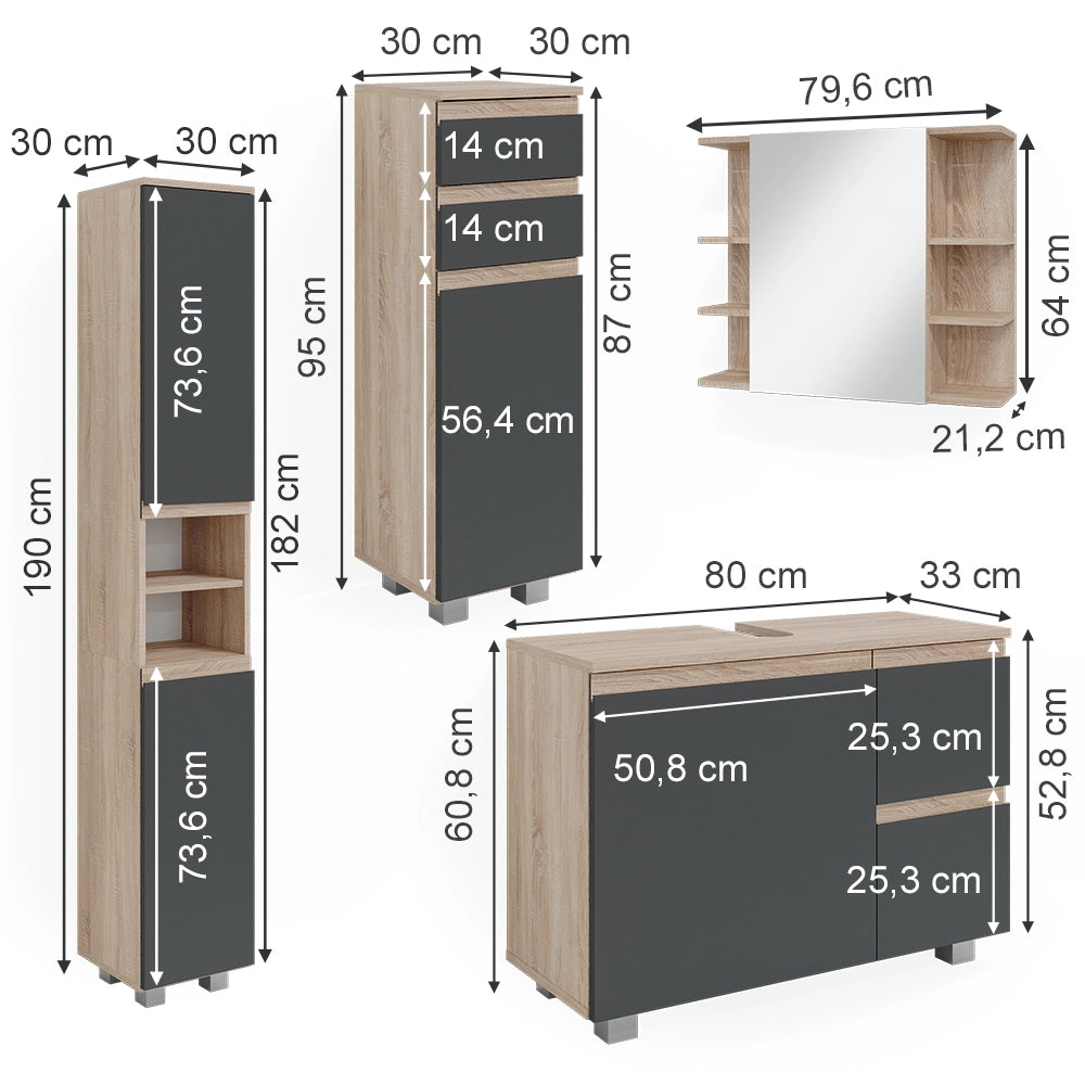 Vicco Set mobili bagno Sonoma 4 parti
