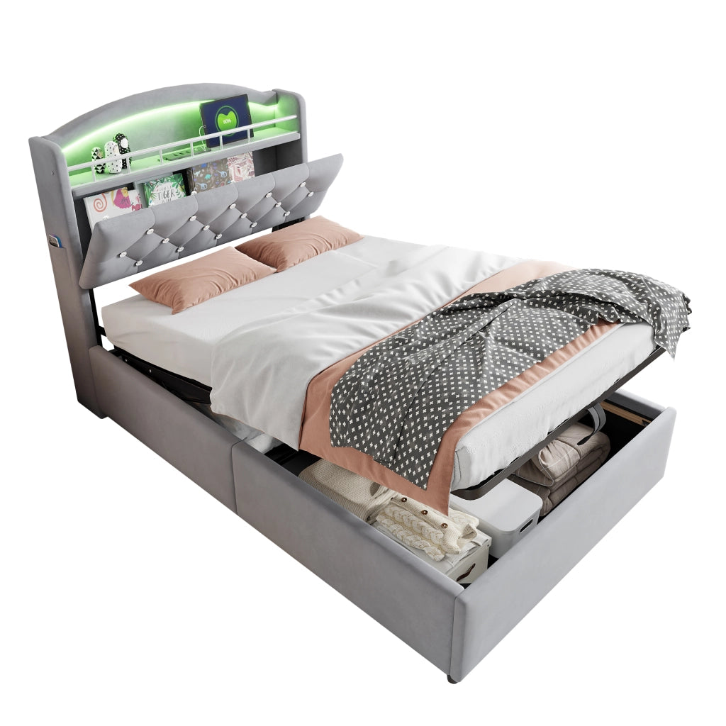 OKWISH Letto con Contenitore 90×200 cm, Letto Singolo con LED Regolabile, USB, Type C e Vano Contenitore, senza Materasso, Grigio