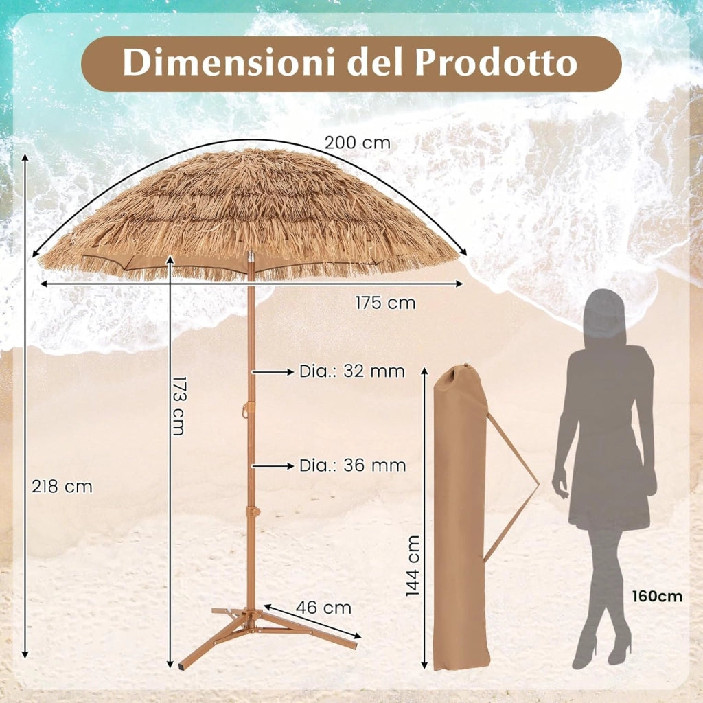 Ombrellone in Paglia PP da 200 cm, Ombrellone da Spiaggia Hawaiano con Inclinazione Regolabile, con Base Pieghevole, Borsa per il Trasporto, per Giardino Piscina
