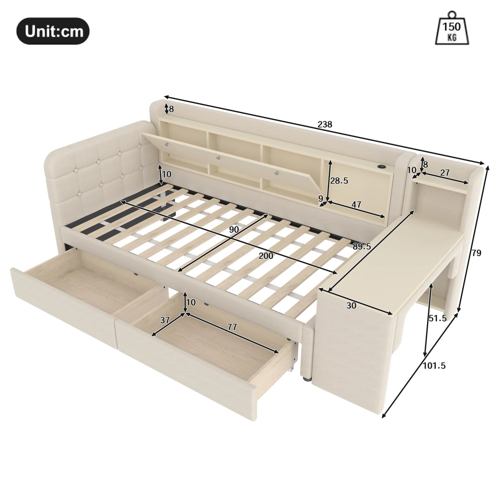 Letto singolo 90x200 cm con scrivania, cassetti e USB-C