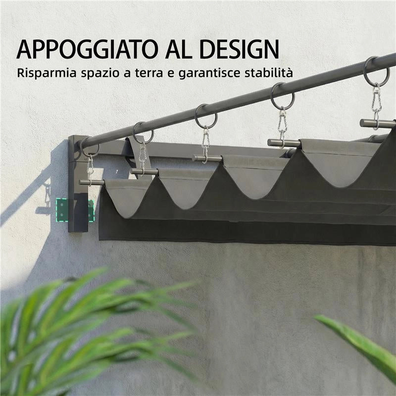 PERGOLA ADDOSSATA 3X3 M CON TETTO RETRATTILE SCORREVOLE UV30+ E FORI DI DRENAGGIO, GRIGIO SCURO
