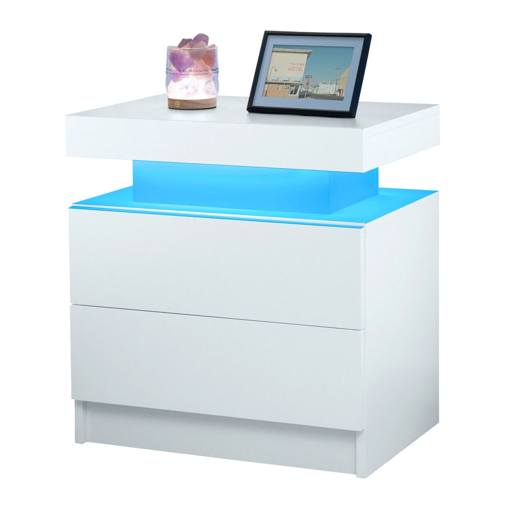 Comodino LED con 2 cassetti; luci regolabili in legno ingegnerizzato bianco