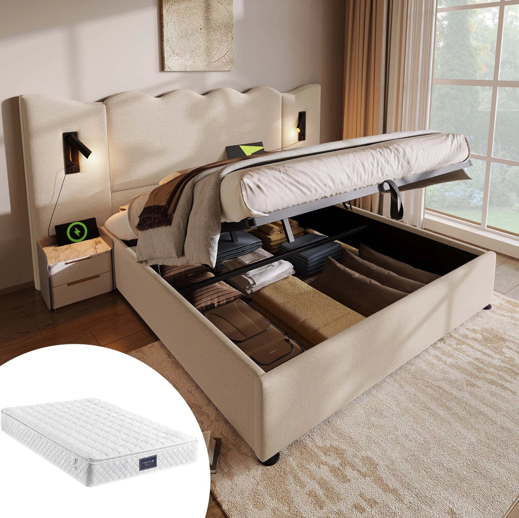 Letto matrimoniale 160x200 cm con materasso; lampada da lettura; USB e contenitore; beige in lino