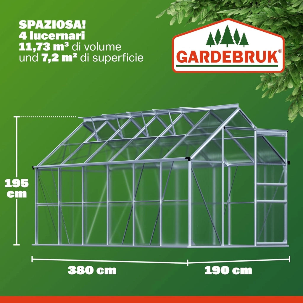 ® Serra da Giardino in Alluminio 7,2m² 380x190cm incl. 4 Lucernari Coltivazione Orto per Piante Giardinaggio 11,73m³