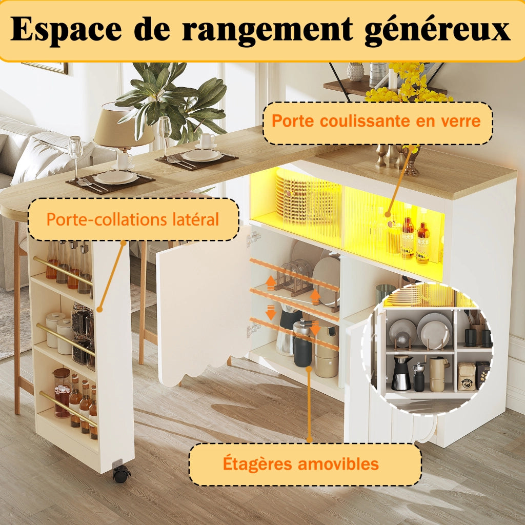 Tavolo Bar Estensibile con Vano Contenitore; Porta Scorrevole in Vetro; LED; USB e Ruote per Cucina e Soggiorno