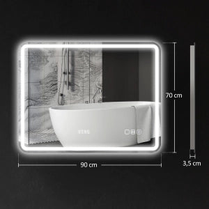 Specchio da bagno LED 70x90 cm con Bluetooth, orologio, funzione antiappannamento e touch control, argento