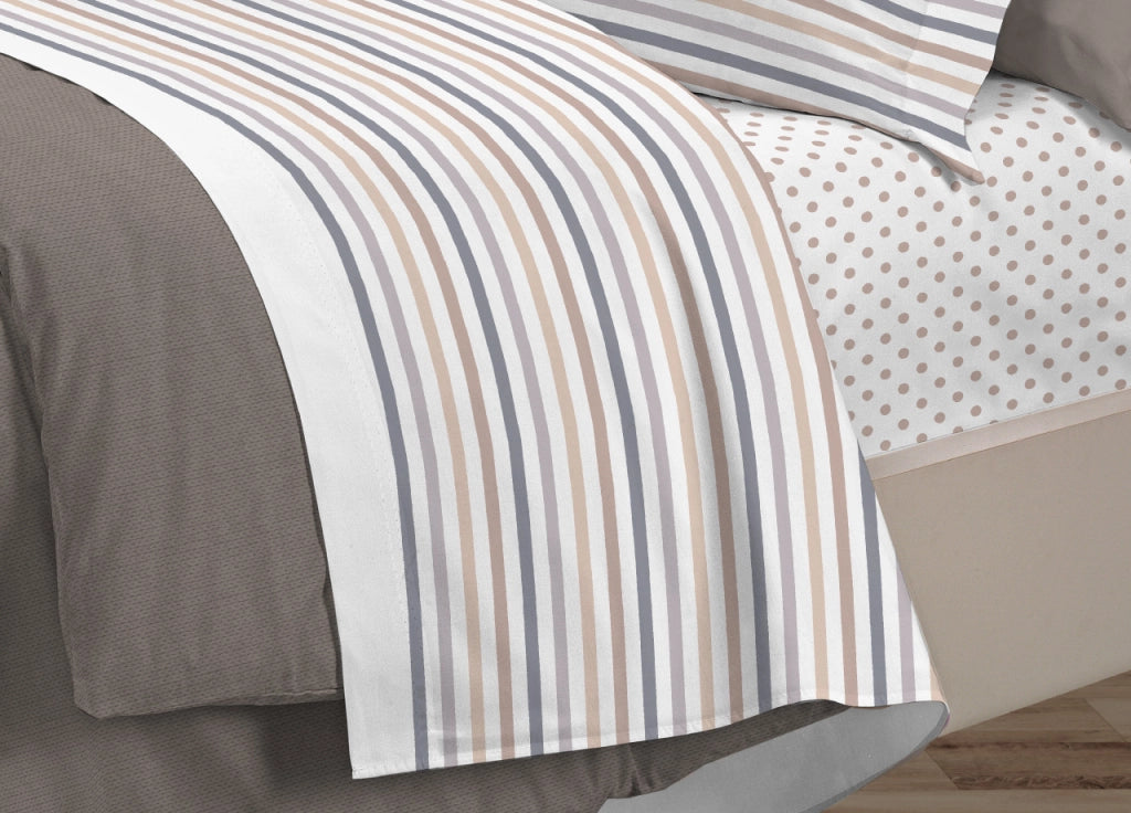 Completo Lenzuola Letto 100% Cotone Italy 3027 Disegno Riga Dots - Matrimoniale - Beige