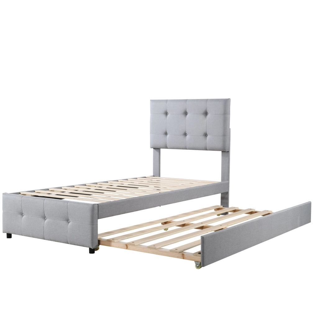 Letto imbottito 90x200 cm con letto estraibile e testiera regolabile in tessuto di lino grigio