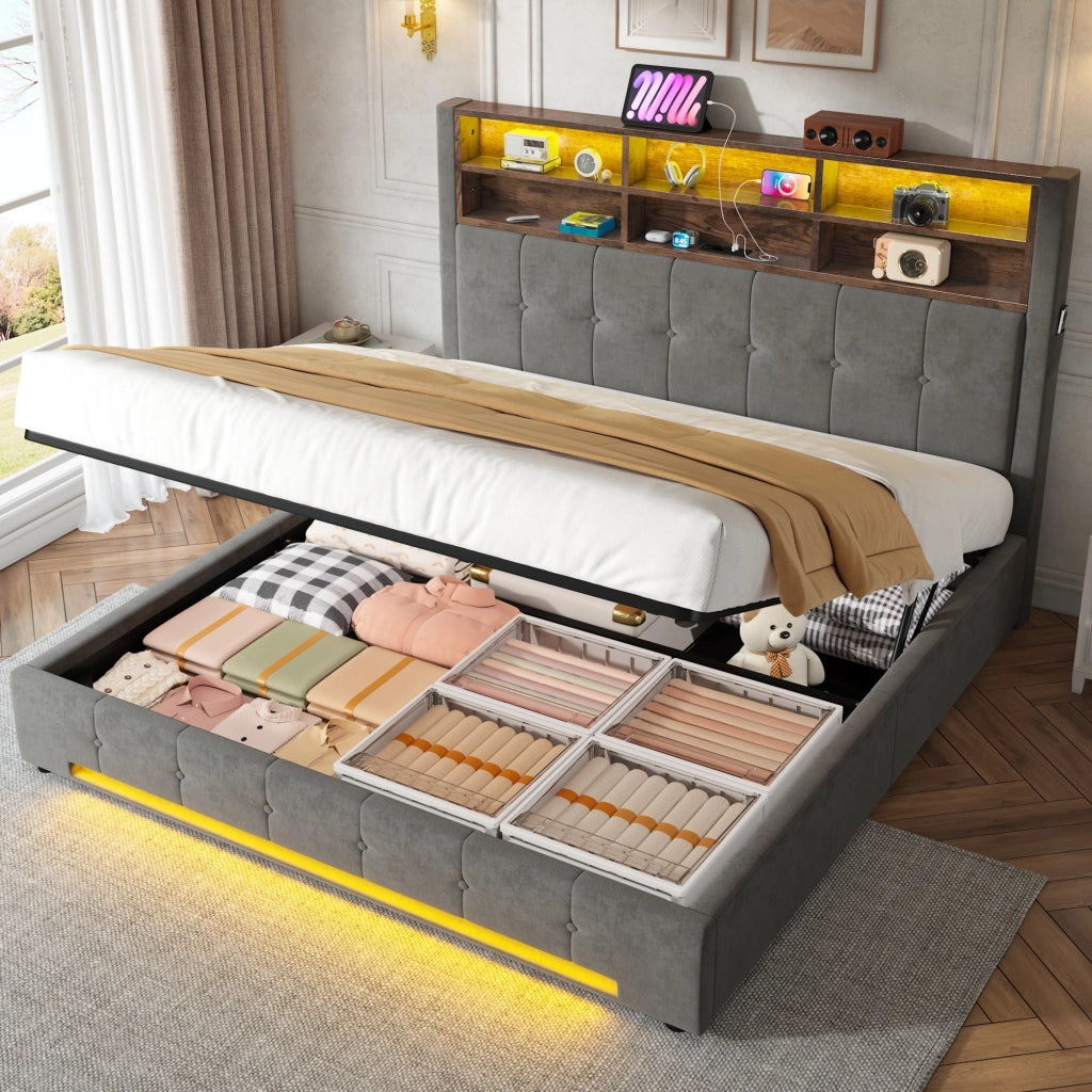Letto imbottito 180x200 cm idraulico LED USB velluto grigio scuro