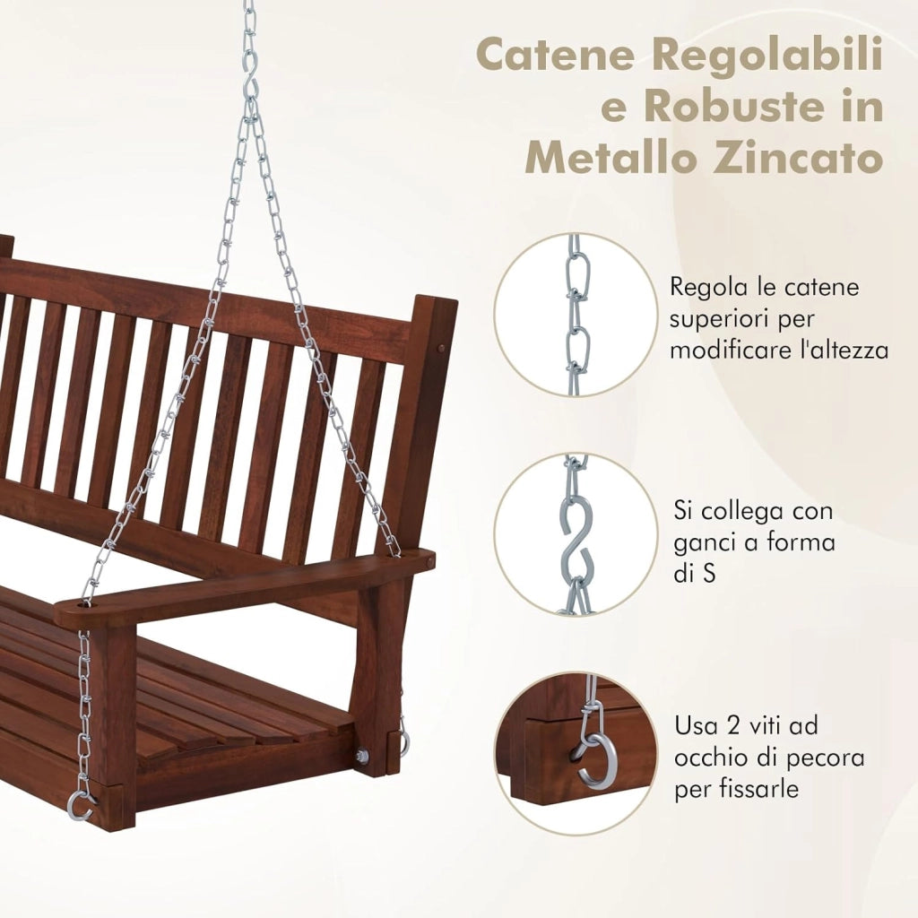 Altalena da Giardino in Legno per 3 Persone, Panchina Sospese in Legno con Capacità di Peso di 360 kg, Sedia a Dondolo per Giardino, Cortile (Marrone, 168 x 65 x 63 cm)