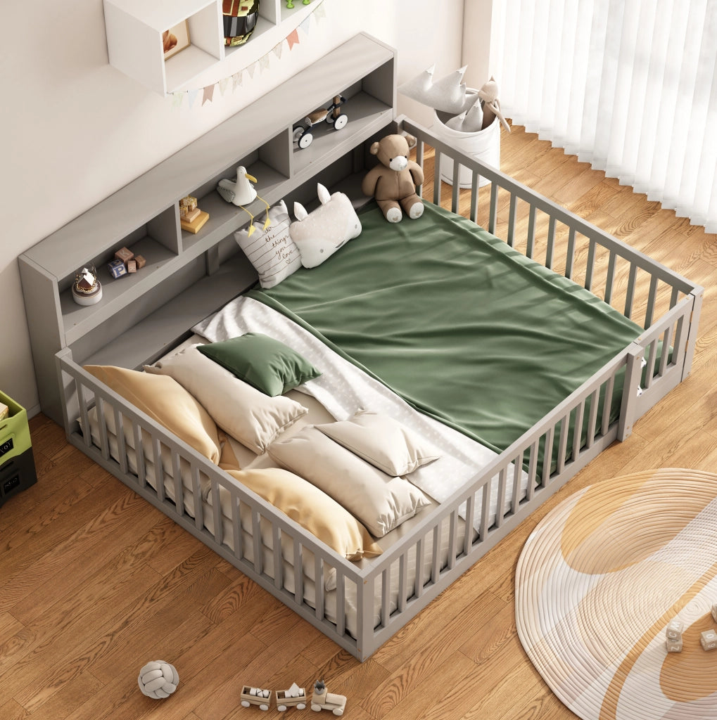 Letto daybed 205x164.5x87 cm con sponde di sicurezza e vani laterali in legno di pino e MDF grigio