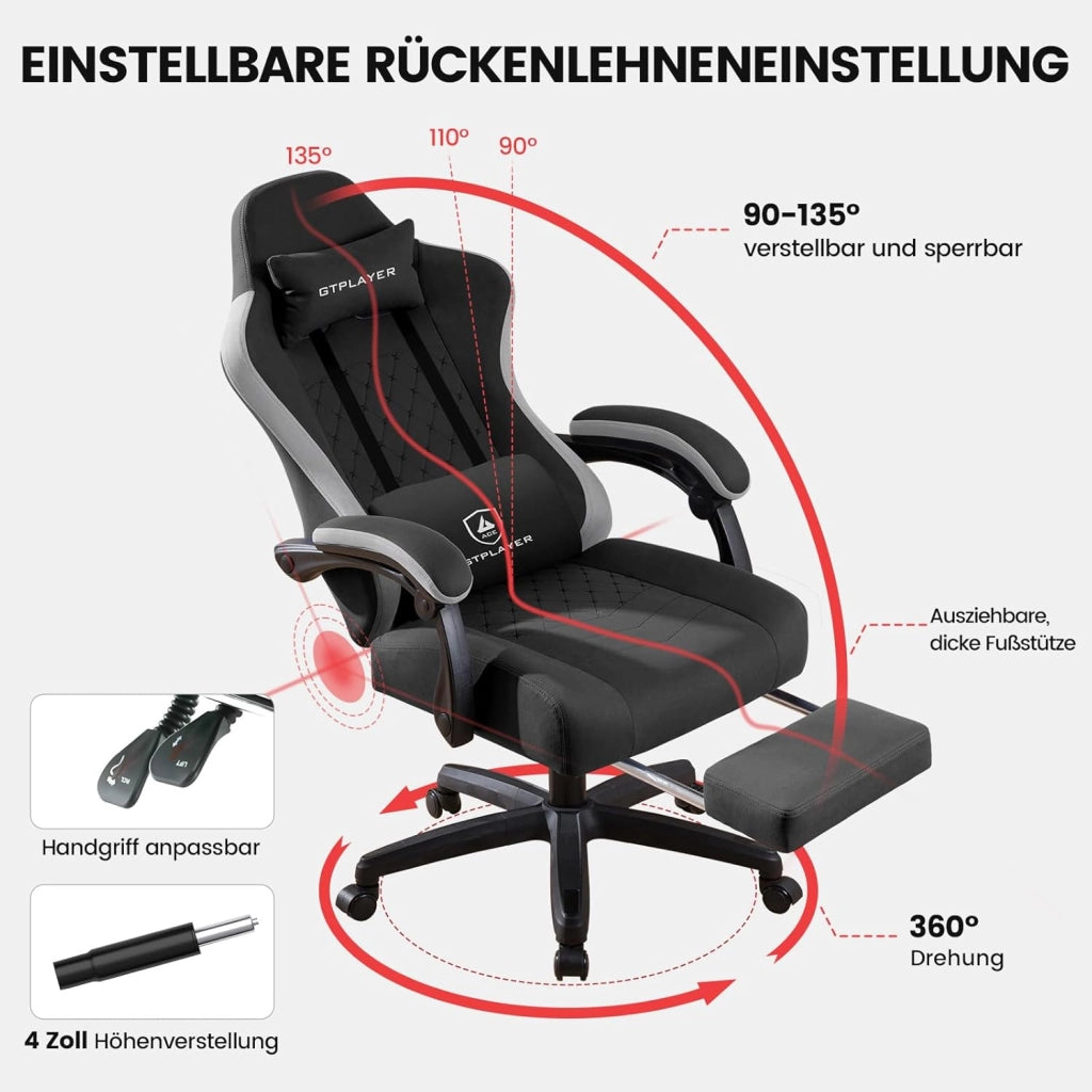 Sedia da gaming, in tessuto, con cuscino a molla, ergonomica, girevole, con poggiapiedi, capacità di carico 150 kg, colore: nero