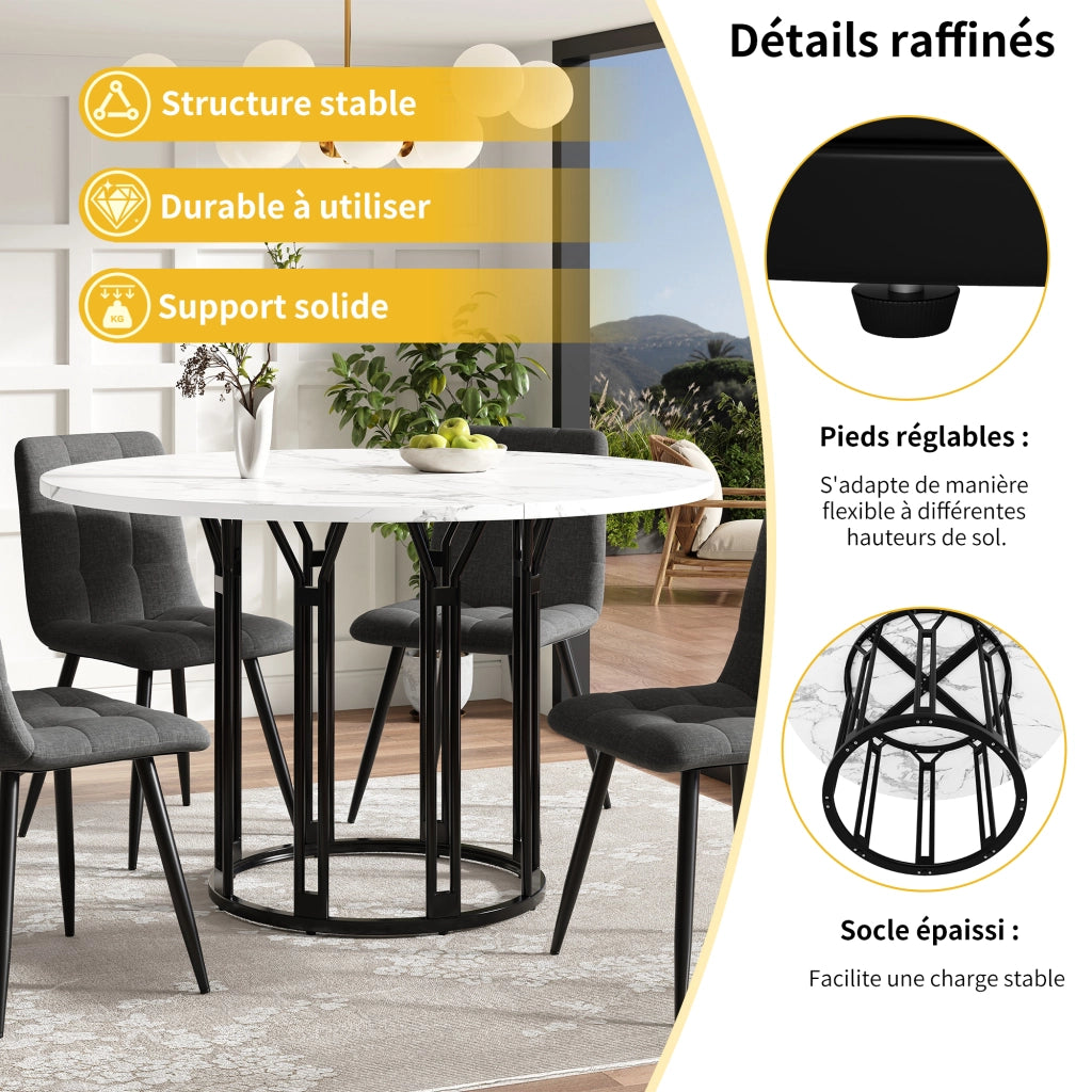 Tavolo da pranzo rotondo in MDF e metallo con effetto marmo, piedini regolabili, per cucina e soggiorno 100 × 100 × 74 cm