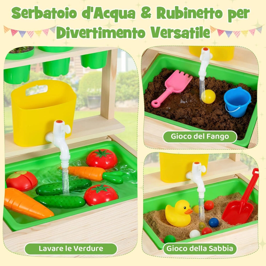 Cucina Giocattolo in Legno Massello, Cucina da Gioco con Rubinetto e Fioriera Removibile, Gioco Imitazione Fango e Giardinaggio all'Aperto, per Bambini 3+ Anni, 73 x 36 x 92 cm