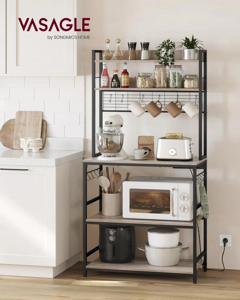 VASAGLE Scaffale Cucina con Multipresa, Scaffale per Microonde, Mobile Cucina, con Pannello a Rete Metallica, 14 Ganci, 40 x 80 x 170 cm, Greige e Nero KKS025B02EU
