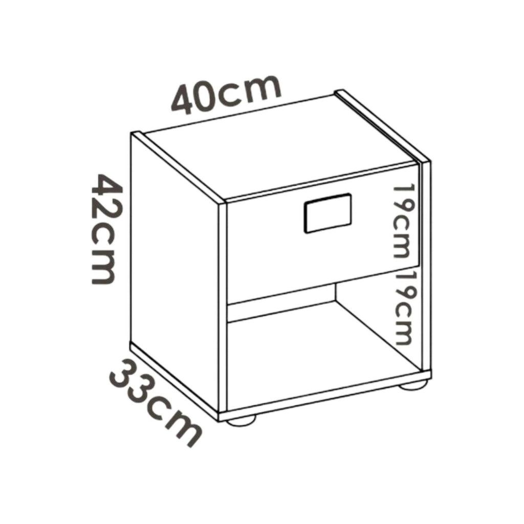 Comodino Artica, Tavolino da notte, ComÒ² basso a 1 cassetto, 40x33h42 cm, Bianco e Rovere