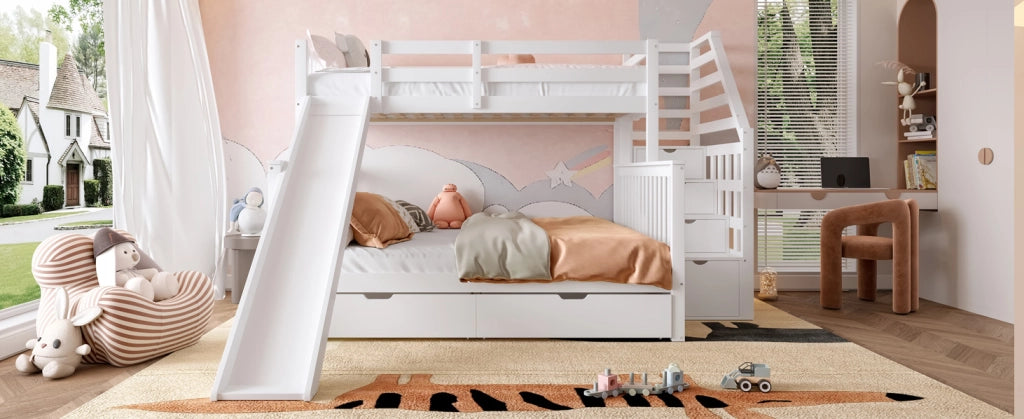 Letto a castello multifunzionale bianco 90x200 su 140x200 con scivolo e cassetti