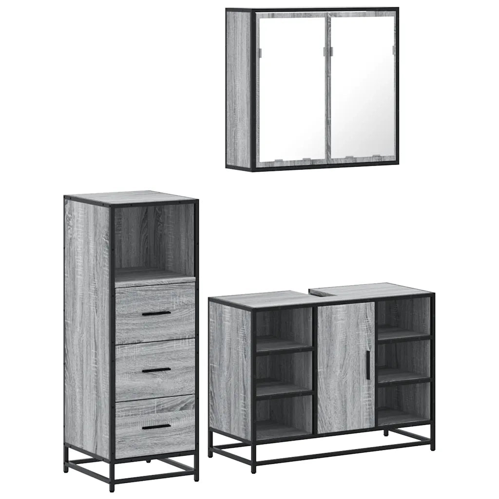 Set Mobili da Bagno 3 pz Grigio Sonoma in Legno Multistrato